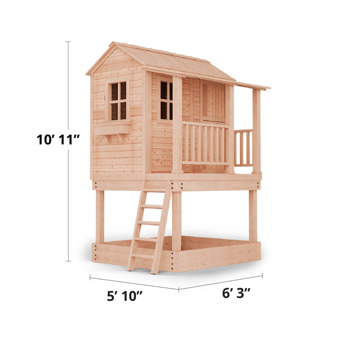 Dimension diagram of the Outdoor Living Today Little Cedar Playhouse 6x6 showing height of 10’11” with porch and sandbox base
