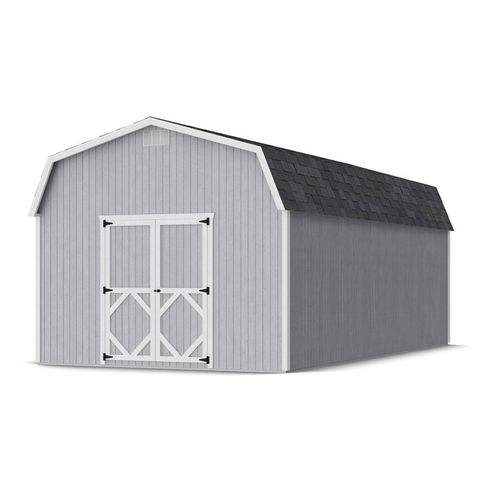 Massive 12x24 Classic Gambrel 6′ Sidewall barn by Little Cottage Co., finished in gray with white trim and black shingles, ideal for equipment or workshop use.
