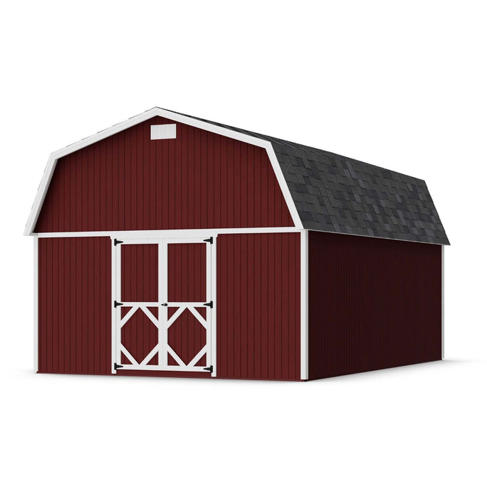 Spacious 14x20 Little Cottage Co. Classic Gambrel Large Barn with deep red siding, white trim, and shingled roof ideal for workshops or storage use.