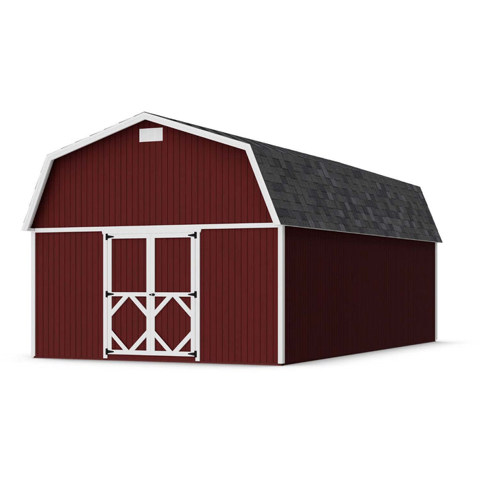 Extra-large 14x26 Little Cottage Co. Classic Gambrel Barn with red exterior, white trim, and double doors, designed for farm, storage, or workshop applications.