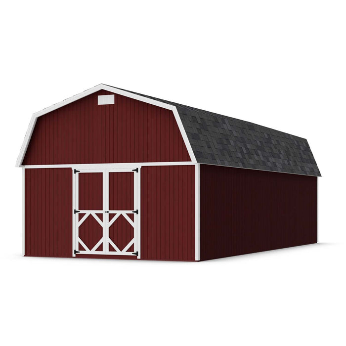 14x30 Classic Gambrel Large Barn by Little Cottage Co. in red with white trim and black shingle roofing, ideal for workshops, tools, and equipment storage.