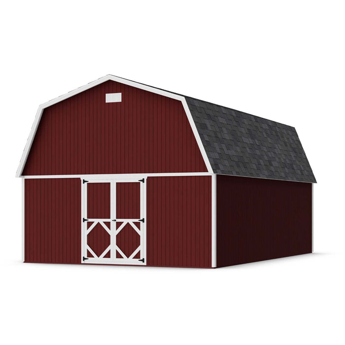 Spacious 16x24 Little Cottage Co. Classic Gambrel Large Barn with red siding, white double doors, and dark roof shingles designed for backyard or workshop use.