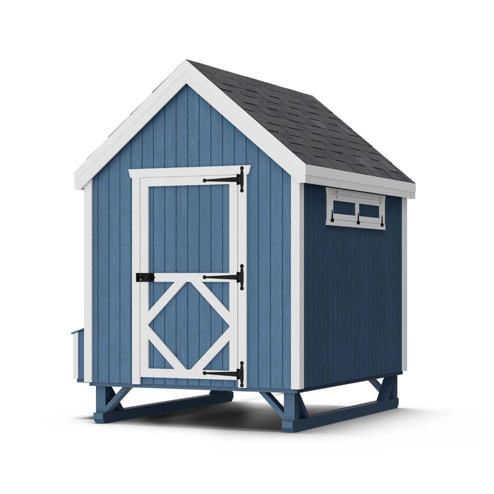 Little Cottage Co. 6x8 Colonial Gable Chicken Coop in blue with white trim, featuring a Dutch-style front door and side vent window on raised base.