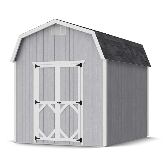 8x10 Little Cottage Co. Classic Gambrel barn in gray with white trim and black shingle roof, perfect for backyard storage or small workshop.