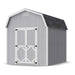 8x10 Little Cottage Co. Classic Gambrel barn in gray with white trim and black shingle roof, perfect for backyard storage or small workshop.
