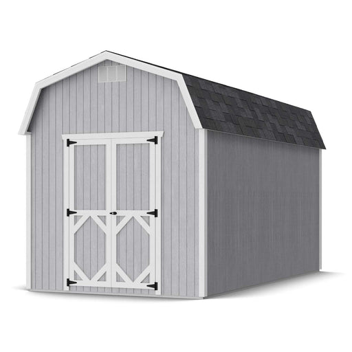 Large 8x16 Classic Gambrel 6′ Sidewall barn by Little Cottage Co., featuring gray wood siding, white trim, and a durable black shingled roof.