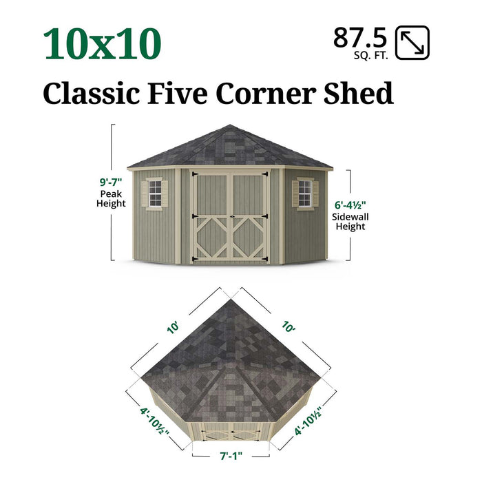 Little Cottage Co. Classic Five Corner Shed size guide showing 10x10 footprint, 87.5 sq ft space, 9'7" peak height, 6'4½" sidewall height, and roof layout