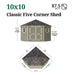 Little Cottage Co. Classic Five Corner Shed size guide showing 10x10 footprint, 87.5 sq ft space, 9'7" peak height, 6'4½" sidewall height, and roof layout