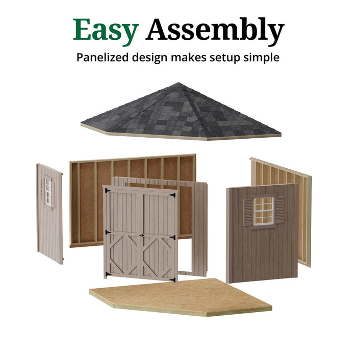 Easy assembly of Little Cottage Co. Classic Five Corner Shed shown with panelized wall sections, roof, floor, doors, and windows for simple setup