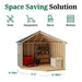 Interior view of Little Cottage Co. Classic Five Corner Shed showing organized storage space for tools, lawn equipment, shelves, and home decor