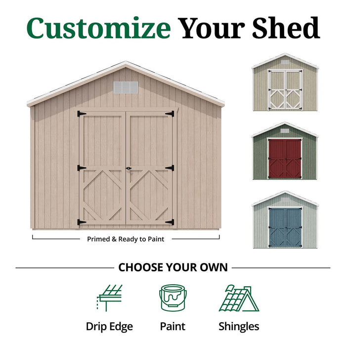 Classic Gable Shed 10x by Little Cottage Co. displayed primed and ready to paint with color examples and icons for drip edge, paint, and shingles customization