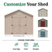 Classic Gable Shed 10x by Little Cottage Co. displayed primed and ready to paint with color examples and icons for drip edge, paint, and shingles customization