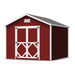 Little Cottage Co. Classic Gable Shed 10x10 in red with white trim, double barn doors, gable vent, and gray shingle roof for backyard storage