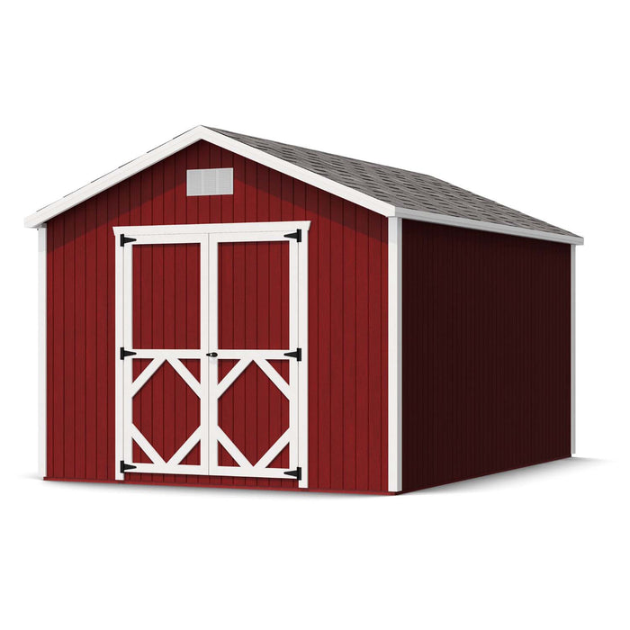 Little Cottage Co. Classic Gable Shed 10x14 with red painted siding, white trim, double barn doors, and vented roof for increased airflow
