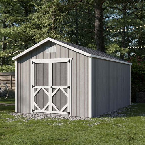 Little Cottage Co. Classic Gable Shed 10x16 in backyard setting, shown in gray with white trim and double barn-style doors