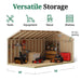 Interior of Little Cottage Co. Classic Gable Shed 10x16 showcasing versatile storage with tools, lawn equipment, and shelving under 16-inch stud spacing