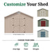 Little Cottage Co. Classic Gable Shed 12x primed and ready to paint with examples of customizable colors and options for drip edge, paint, and shingles