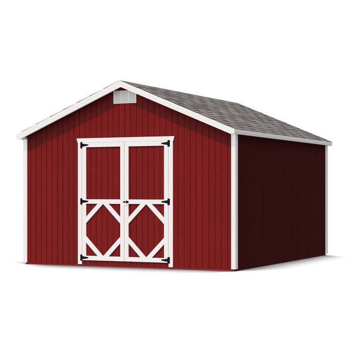 Little Cottage Co. Classic Gable Shed 12x14 with red siding, white-trimmed double doors, gable vent, and shingle roof ideal for garden or yard storage