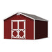 Little Cottage Co. Classic Gable Shed 12x14 with red siding, white-trimmed double doors, gable vent, and shingle roof ideal for garden or yard storage