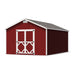 12x18 Classic Gable Shed by Little Cottage Co. in barn-red color with white trim, black hinges, and asphalt shingle roof for weather protection
