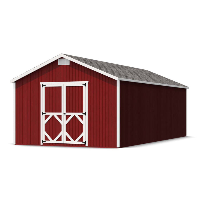 Little Cottage Co. Classic Gable Shed 12x24 featuring red wood exterior, white double doors, asphalt shingle roof, and front gable vent for airflow