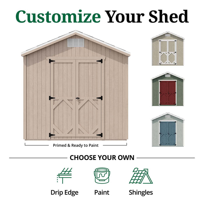 Little Cottage Co. Classic Gable Shed 8x shown primed and ready to paint with customizable options for drip edge, paint, and shingles