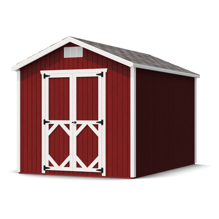 Little Cottage Co. Classic Gable Shed 8x12 with red wood siding, white-trimmed barn doors, black hinges, and gray shingle roof