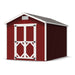 Little Cottage Co. Classic Gable Shed 8x12 with red wood siding, white-trimmed barn doors, black hinges, and gray shingle roof