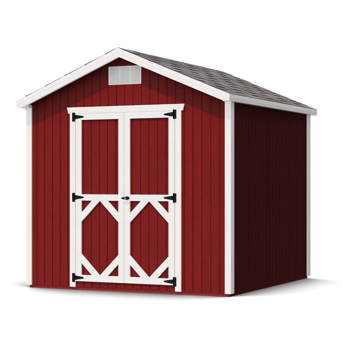 Little Cottage Co. Classic Gable Shed 8x8 in red with white trim and double barn doors, asphalt shingle roof, and front gable vent