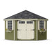 Front view of a green Little Cottage Co. Colonial Five-Corner Shed with white double doors and flower boxes.