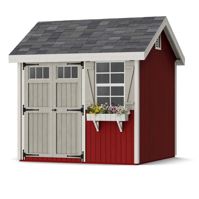 Compact 8x8 red Colonial Pinehurst Shed by Little Cottage Co. with gray doors, white shutters, and a blooming flower box.