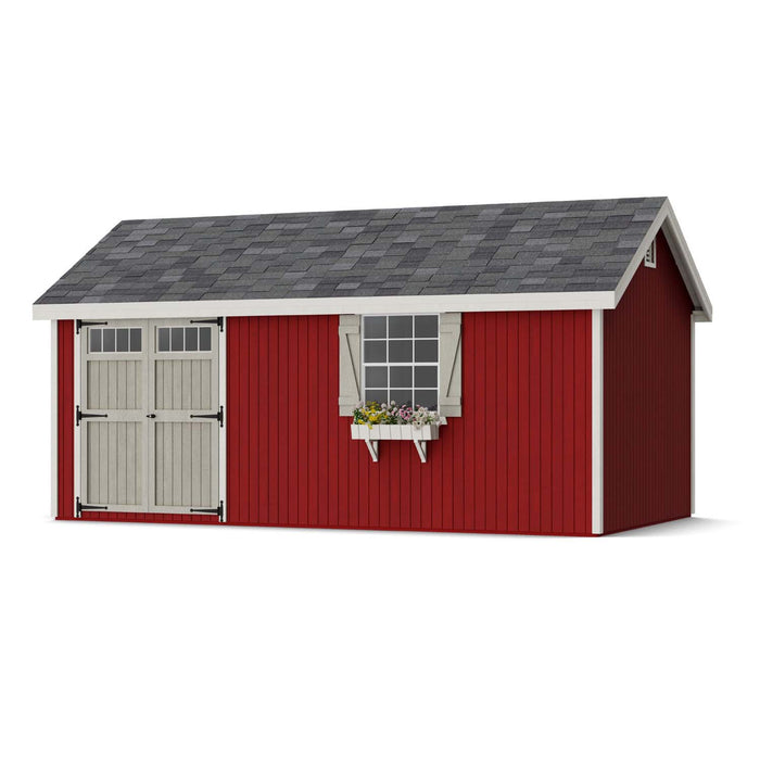 10x18 red Colonial Pinehurst Shed from Little Cottage Co. featuring white trim, a gray shingled roof, and flower-filled window box.