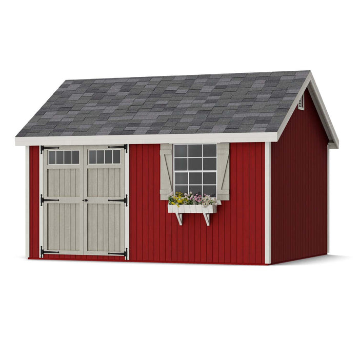 12x14 Colonial Pinehurst Shed featuring a red exterior, gray gable roof, and white shutters with blooming window box.