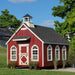 Red Stratford Schoolhouse playhouse by Little Cottage Co. featuring white trim, bell tower, and arched windows, perfect for backyard or garden use