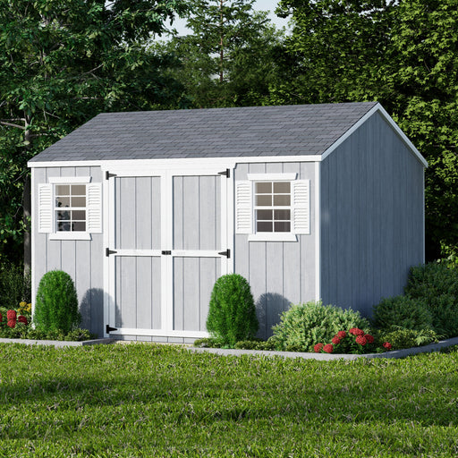 A 10x12 foot Little Cottage Co. Value Workshop storage shed with a light gray exterior, white trim, and shutters, showcasing double doors and windows.