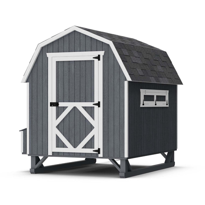 Rear view of Little Cottage Co. 6x8 Gambrel Barn Chicken Coop in gray with white trim, featuring nesting box and side ventilation window.