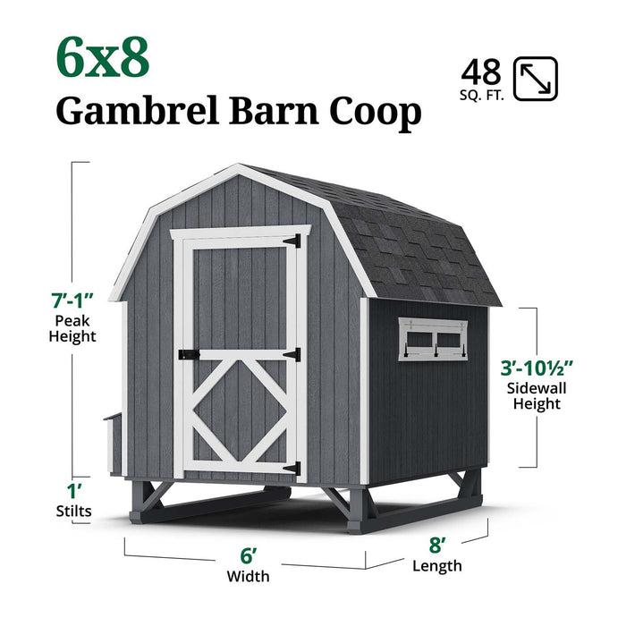 Little Cottage Co. 6x8 Gambrel Barn Chicken Coop in gray with white trim, showing labeled dimensions for height, width, and length.