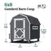 Little Cottage Co. 6x8 Gambrel Barn Chicken Coop in gray with white trim, showing labeled dimensions for height, width, and length.