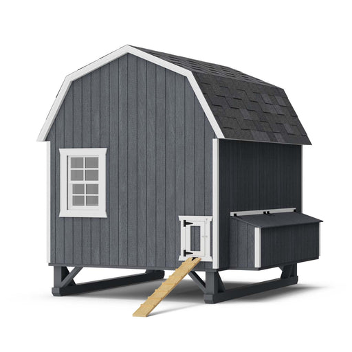 Little Cottage Co. 6x8 Gambrel Barn Chicken Coop in gray with white trim, featuring nesting box and ramp access on elevated base.