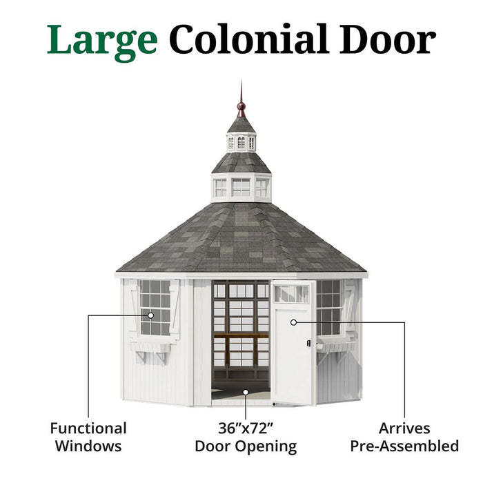 Large colonial door on the 12x12 Garden Shed Greenhouse by Little Cottage Co. with wide opening.