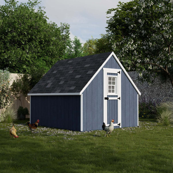 Little Cottage Co. 8x10 Value A-Frame Chicken Coop in blue with white trim, showing side window and small chicken entry door with ramp in grassy yard.