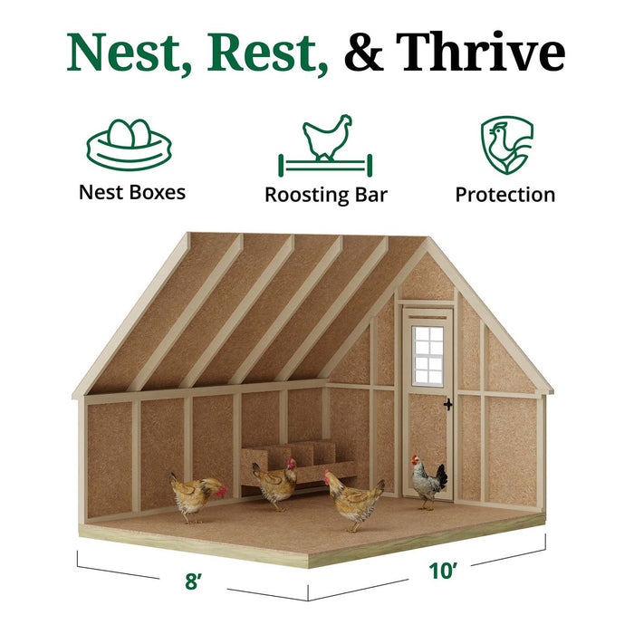 Little Cottage Co. 8x10 Value A-Frame Chicken Coop interior showing nest boxes, roosting bar, and chickens inside the open wood-framed design.