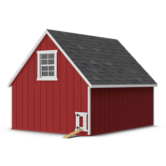 Little Cottage Co. 8x10 Value A-Frame Chicken Coop in red with white trim, featuring a side window and small chicken door with wooden ramp.