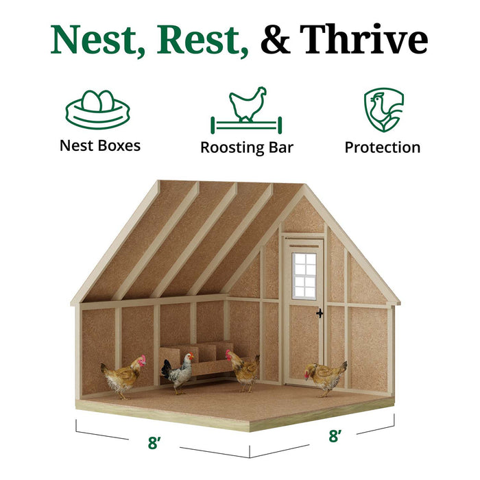 Interior of Little Cottage Co. 8x8 Value A-Frame Chicken Coop showing wooden framing, roosting bar, and nest boxes with hens inside the spacious structure.