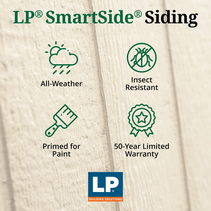 LP SmartSide siding featured on the Little Cottage Kits Colonial Series shed, showcasing all-weather durability, insect resistance, and a 50-year limited warranty.