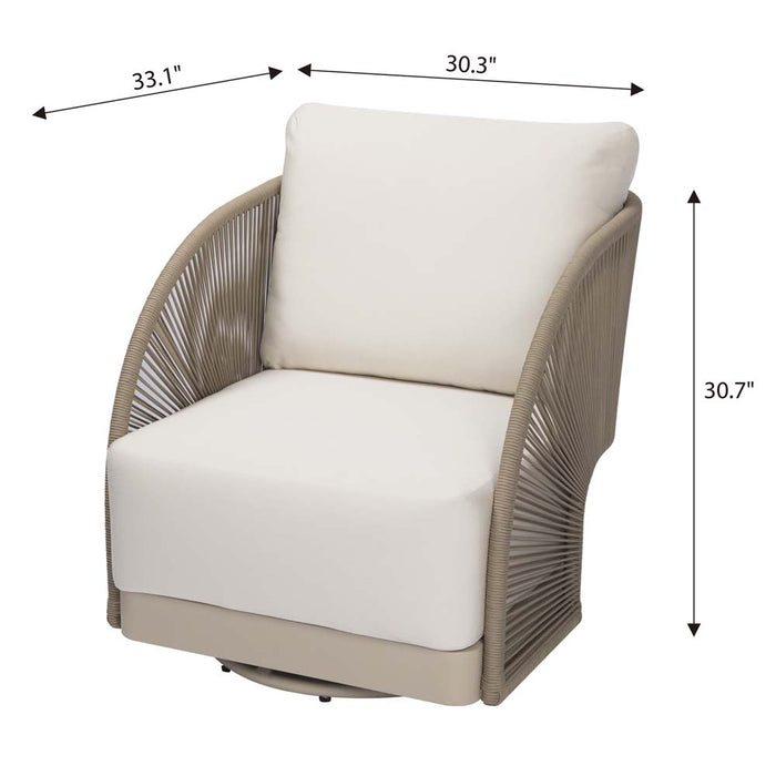 Product sizing chart of Elementi’s Malibu Collection outdoor swivel chair, with dimension labels for width, depth, and height to aid purchase planning.