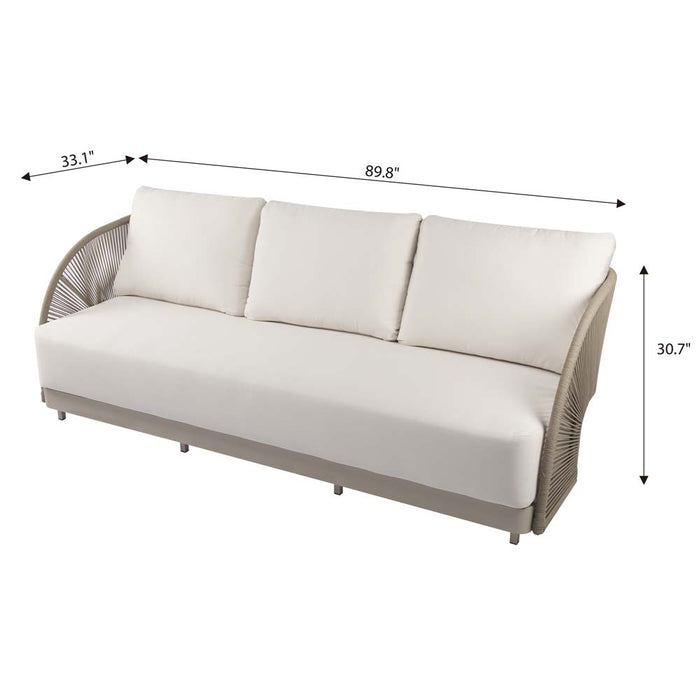 Visual showing dimensions of Elementi Malibu Collection sofa, ideal for outdoor layout planning with clearly marked width, depth, and height metrics.