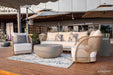 Elementi Outdoor Furnitures' Malibu Collection arranged on a wood deck with umbrellas, perfect for stylish lounging in a refined commercial space.