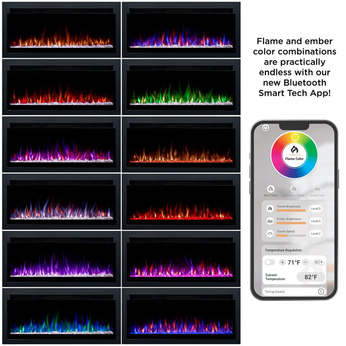 Malie electric fireplace flame color options chart showing 9 available colors via remote