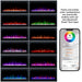 Malie electric fireplace flame color options chart showing 9 available colors via remote